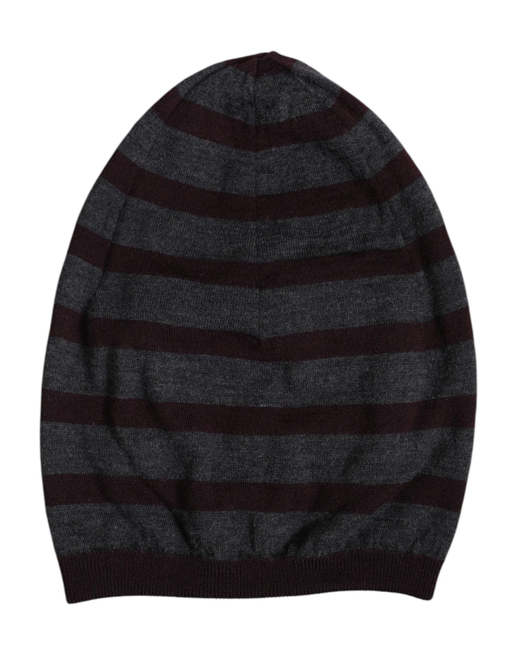 Gray Striped Wool Knitted Winter Beanie Hat