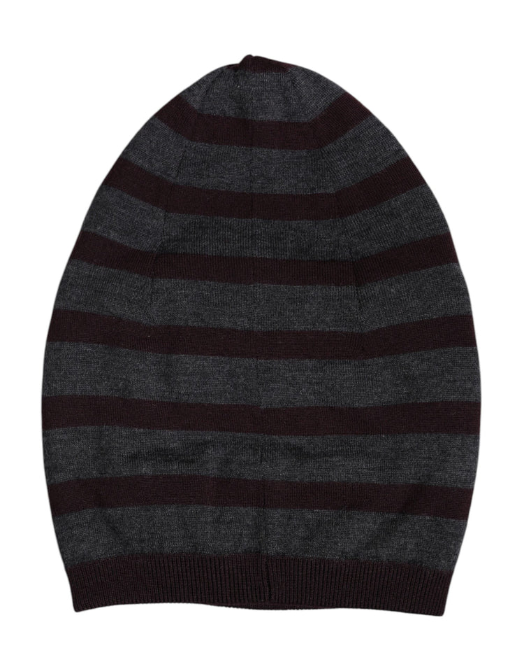 Gray Striped Wool Knitted Winter Beanie Hat