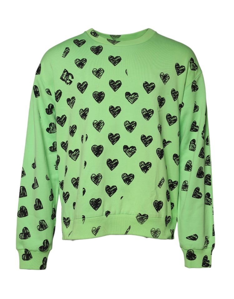 Green Heart Print Crew Neck Pullover Sweater