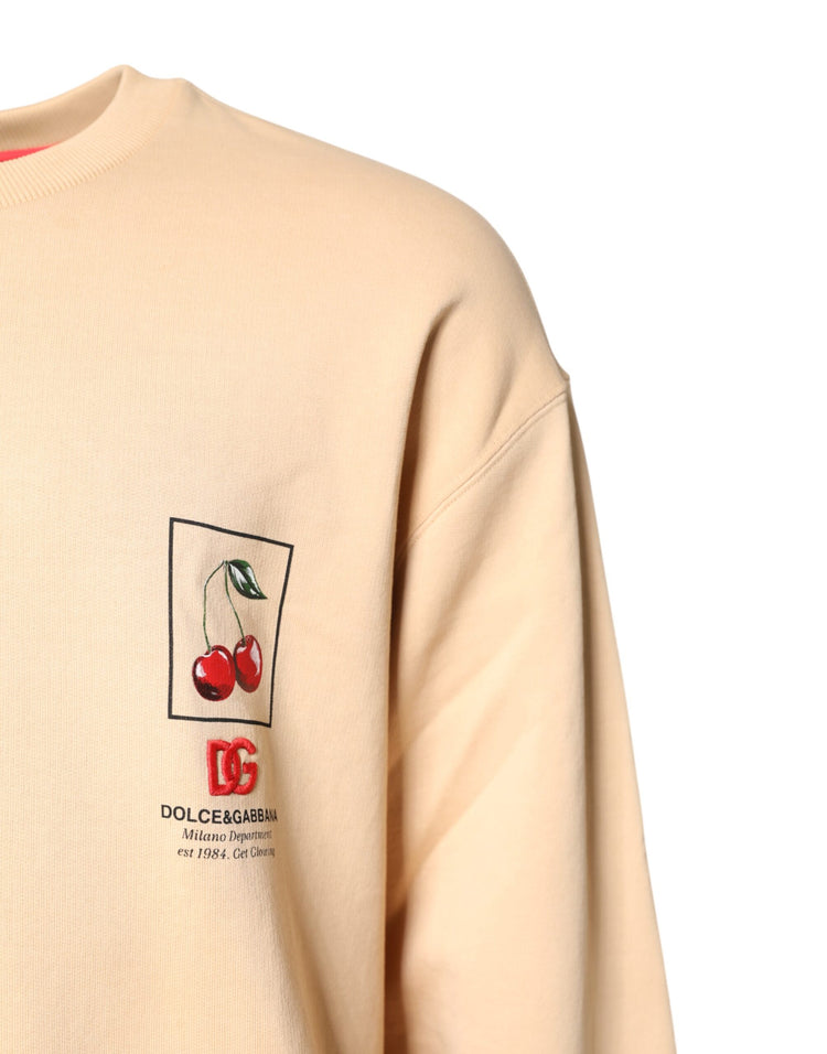 Beige Cherry Print Crew Neck Pullover Sweater