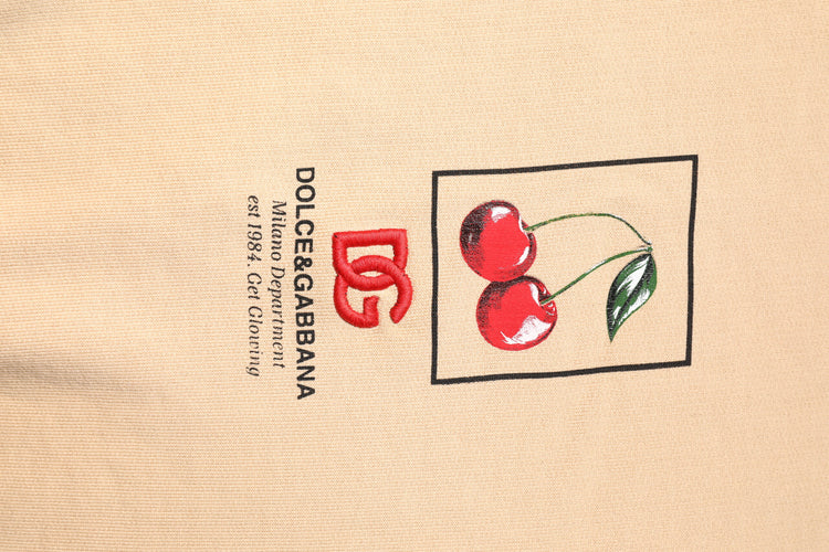 Beige Cherry Print Crew Neck Pullover Sweater