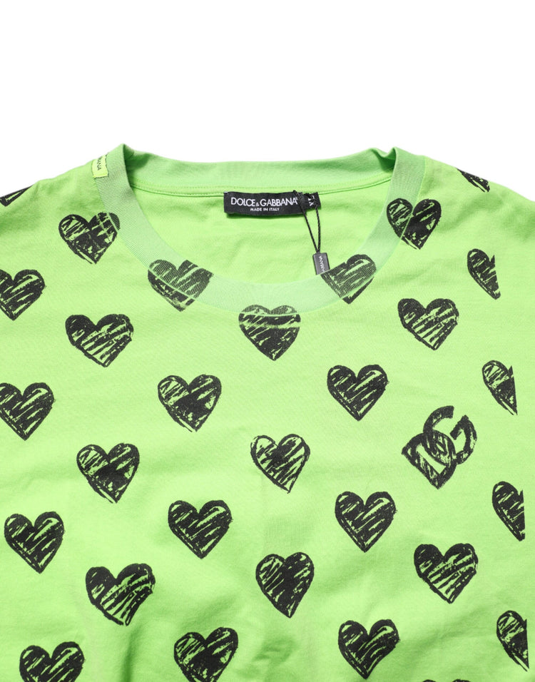 Green Heart Print Cotton Crew Neck T-shirt
