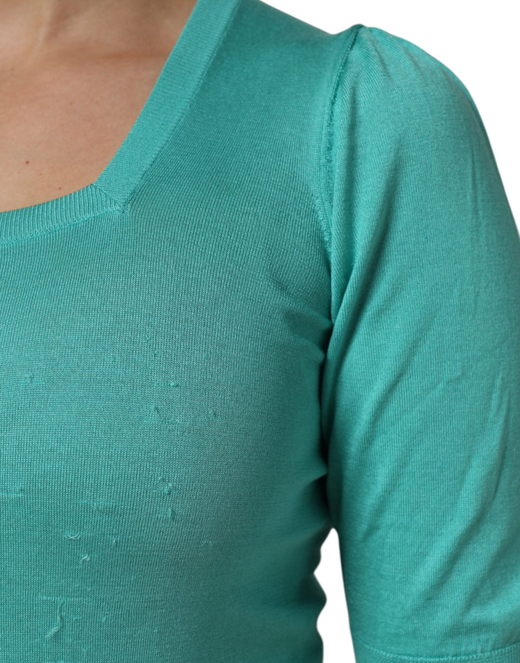 Aqua Blue Silk Short Sleeves Square Neck Top