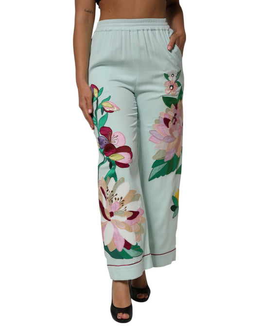 Green Floral Garterized Straight Pajama Pants