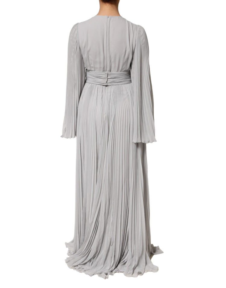 Grey Pleated Maxi Long Sleeve Silk Blend Gown Dress