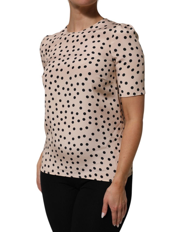 Beige Black Polka Dot Silk Short Sleeve Blouse Top