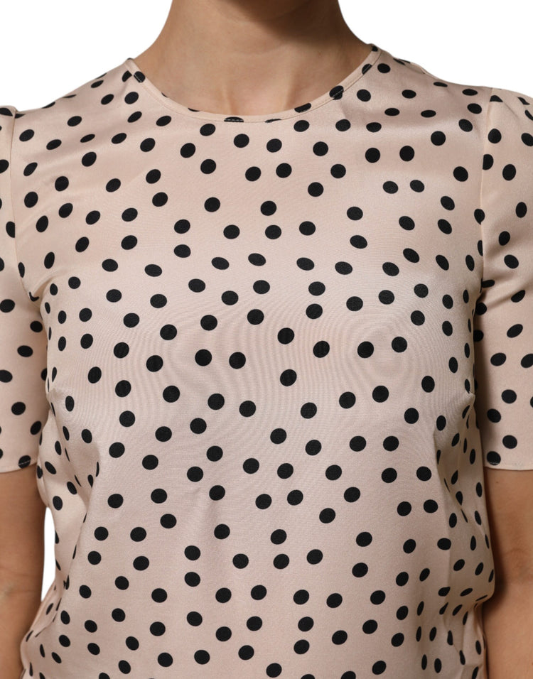 Beige Black Polka Dot Silk Short Sleeve Blouse Top