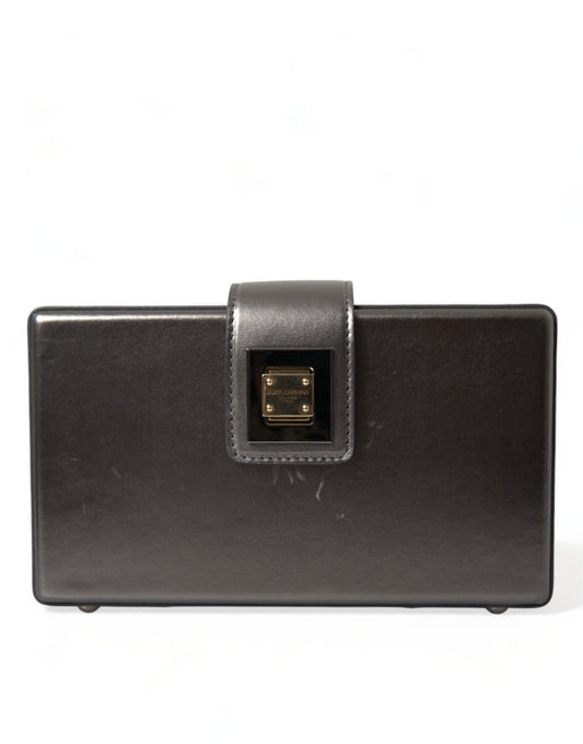 Steel Gray Leather Box Shape Shoulder Gold DG Logo Plaque Bag