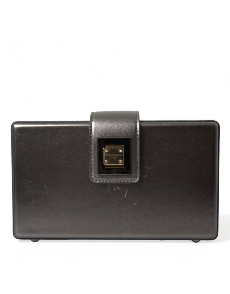 Steel Gray Leather Box Shape Shoulder Gold DG Logo Plaque Bag
