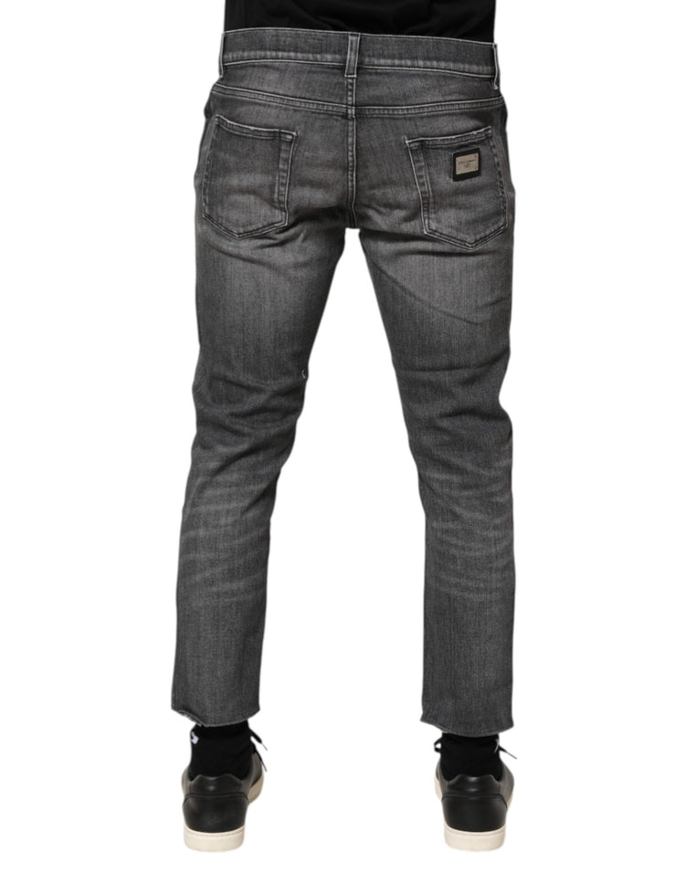 Grey Cotton Denim Slim Fit Distressed Pants Jeans