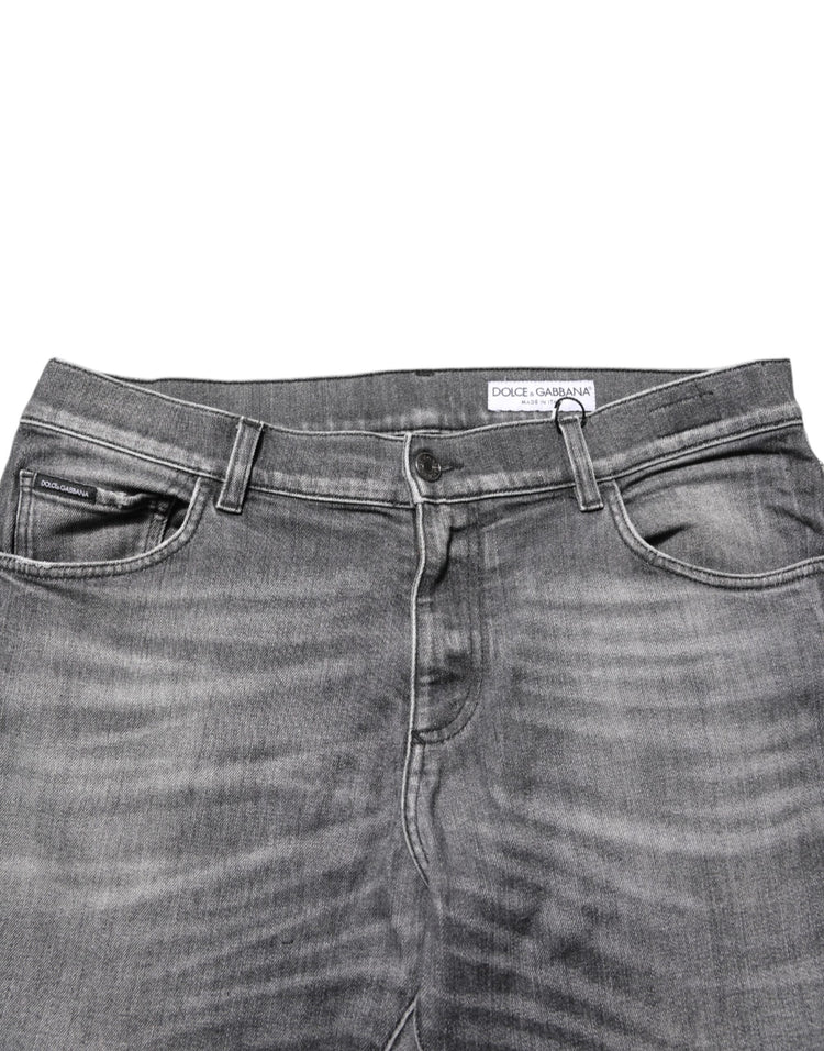 Grey Cotton Denim Slim Fit Distressed Pants Jeans