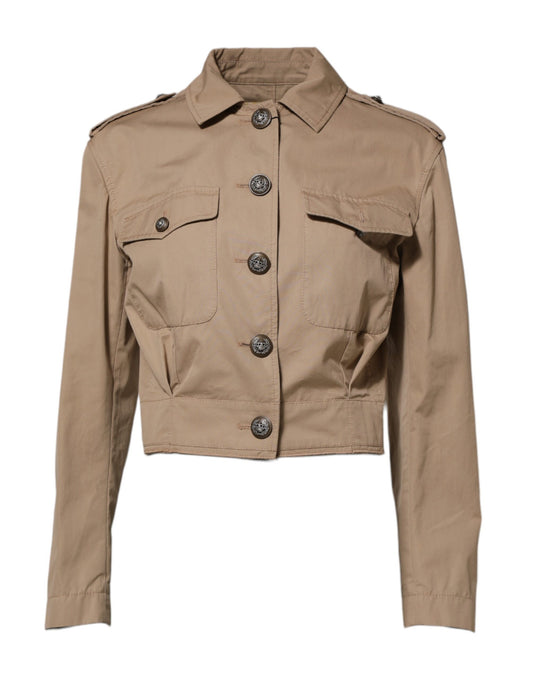 Beige Cotton Button Up Fitted Cropped Jacket
