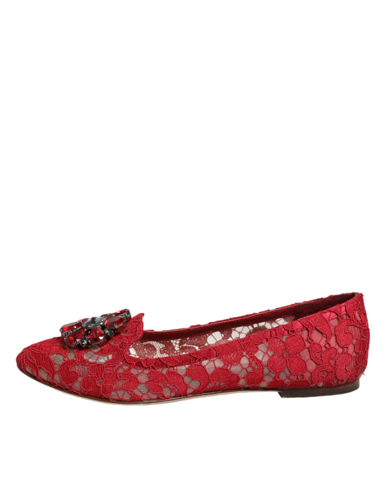 Red Lace Crystal Ballet Flats Loafers Shoes