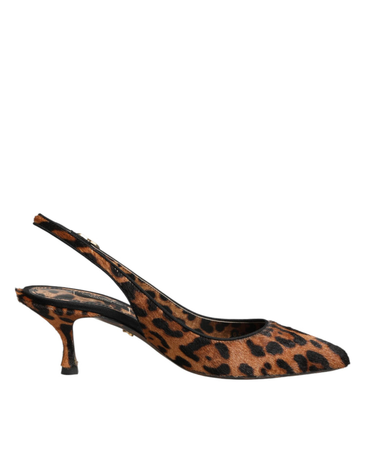 Brown Leopard Calfskin Fur Slingbacks Shoes