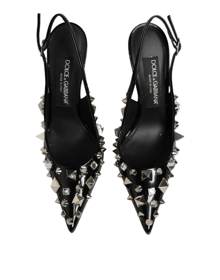 Black Studded Leather Heels Slingbacks Shoes