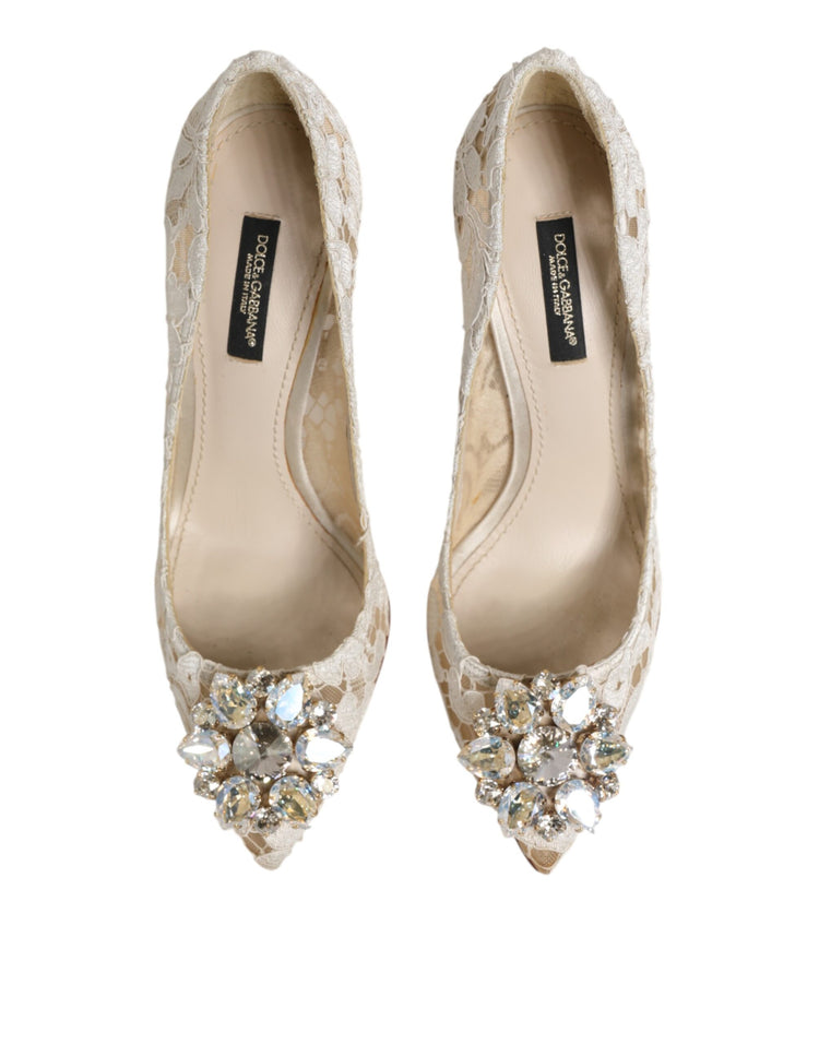 White Taormina Lace Crystal Heel Pumps Shoes