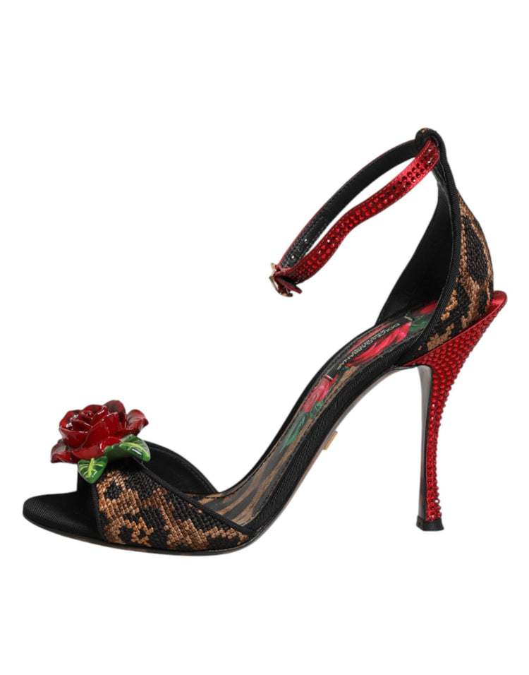 Brown Leopard Crystal Roses Sandals Shoes