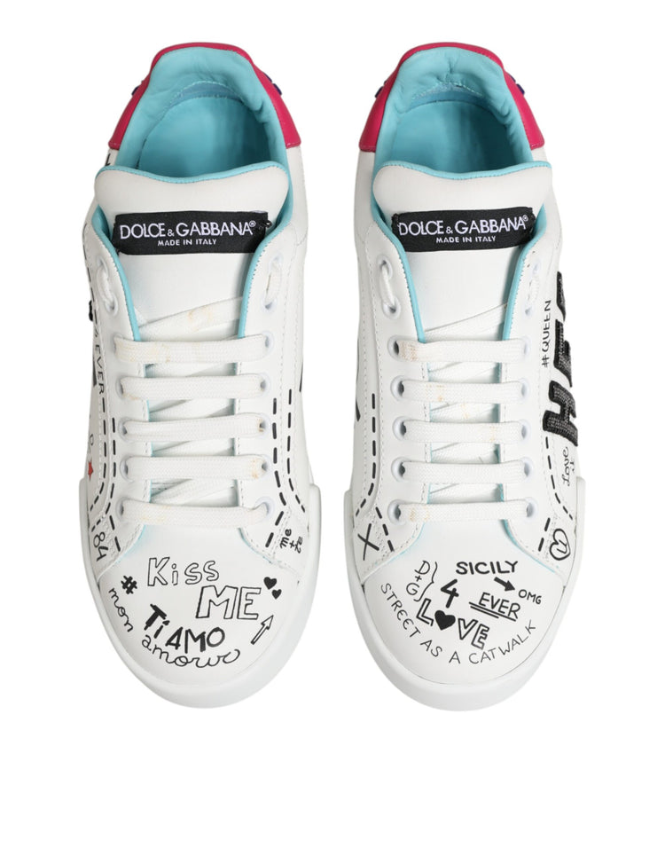 White Leather Graffiti Low Top Sneakers Shoes