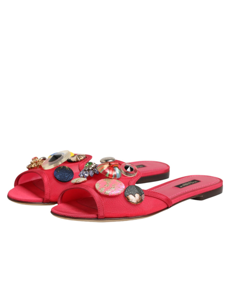 Red Embellished Flats Slip On Sandals Shoes