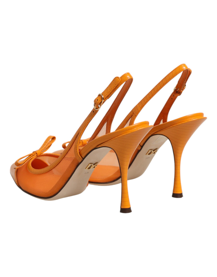 Orange Leather Mesh Heels Slingback  Shoes