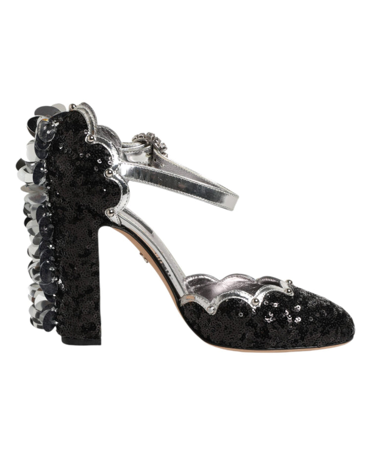 Black Sequined Ankle Strap Sandals Shoes