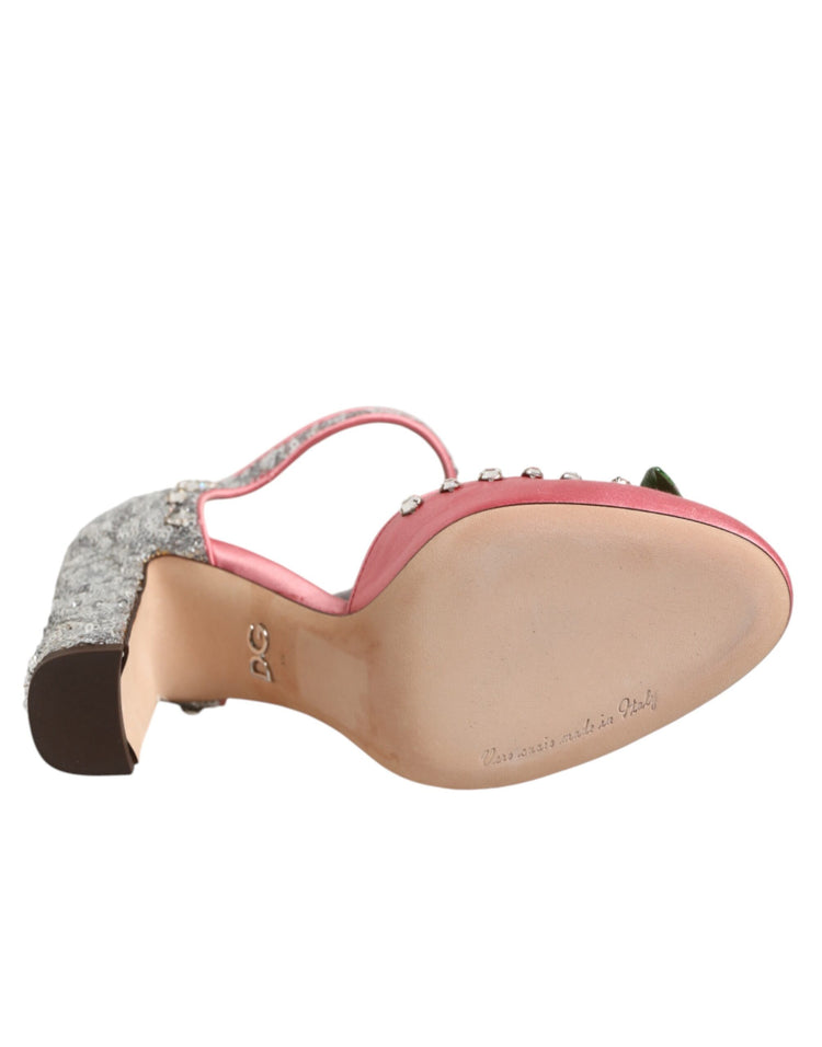 Pink Sequined Ankle Strap Sandals Shoes