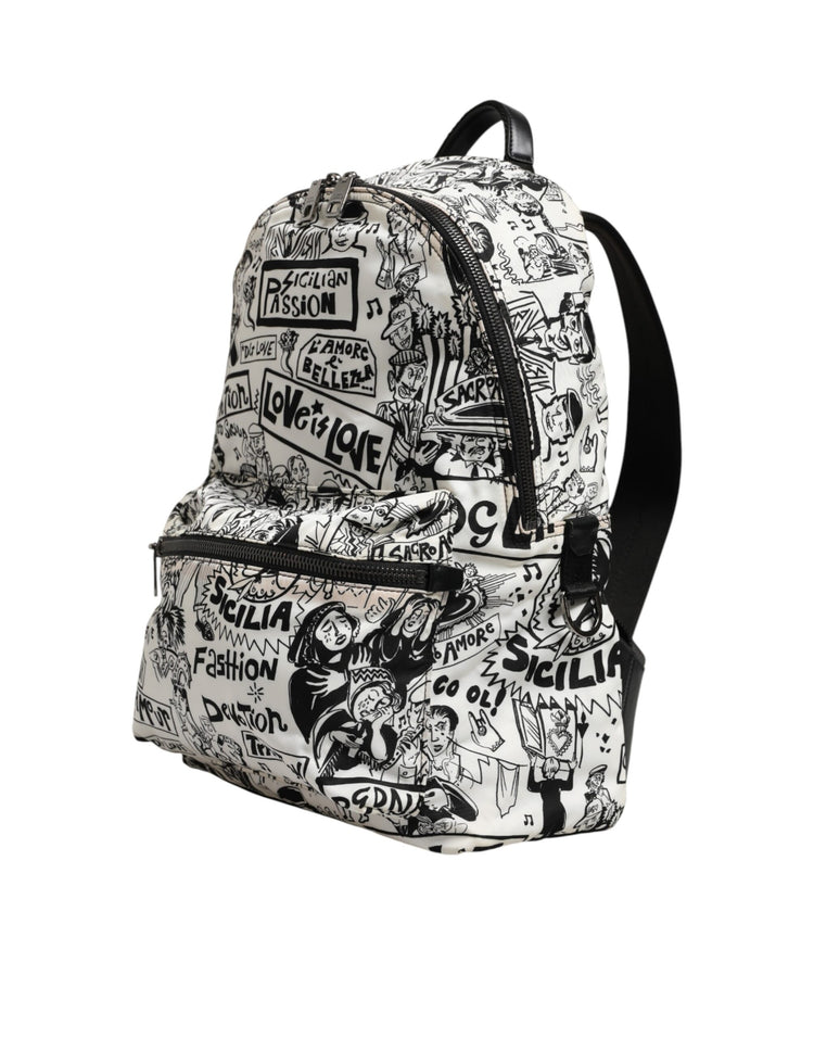 Black White Graffiti Print School Backpack Men Borse Bag