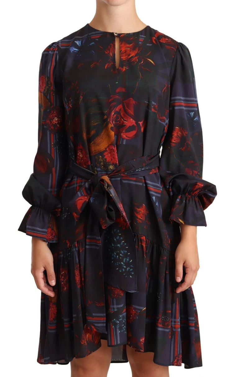 A-line Navy Blue Floral Silk Long Sleeve Knee Length Dress
