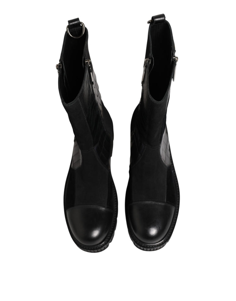 Black Patchwork Leather Mid Calf Boot  Shoes