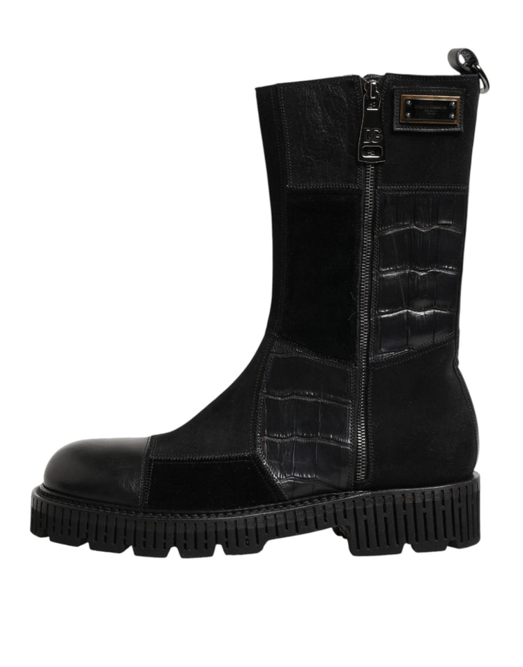 Black Patchwork Leather Mid Calf Boot  Shoes