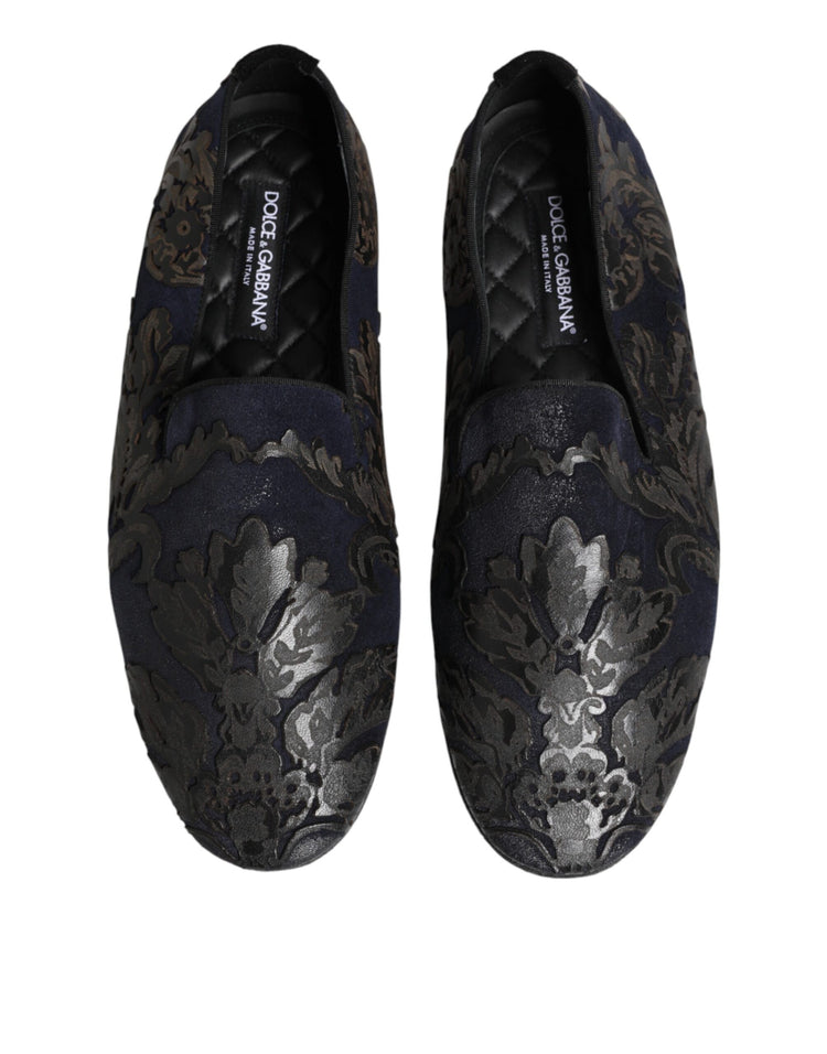 Black Jacquard Leather Slip On Loafers Shoes