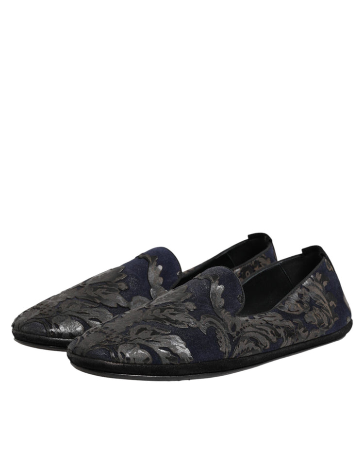 Black Jacquard Leather Slip On Loafers Shoes