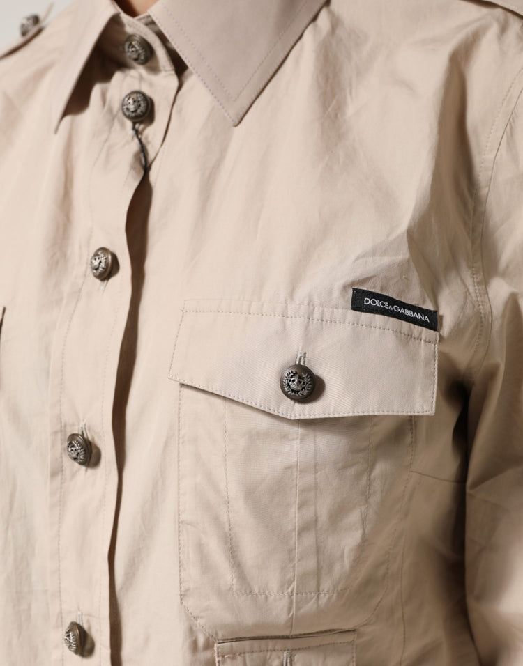 Beige Collared Long Sleeve Cotton Shirt Top