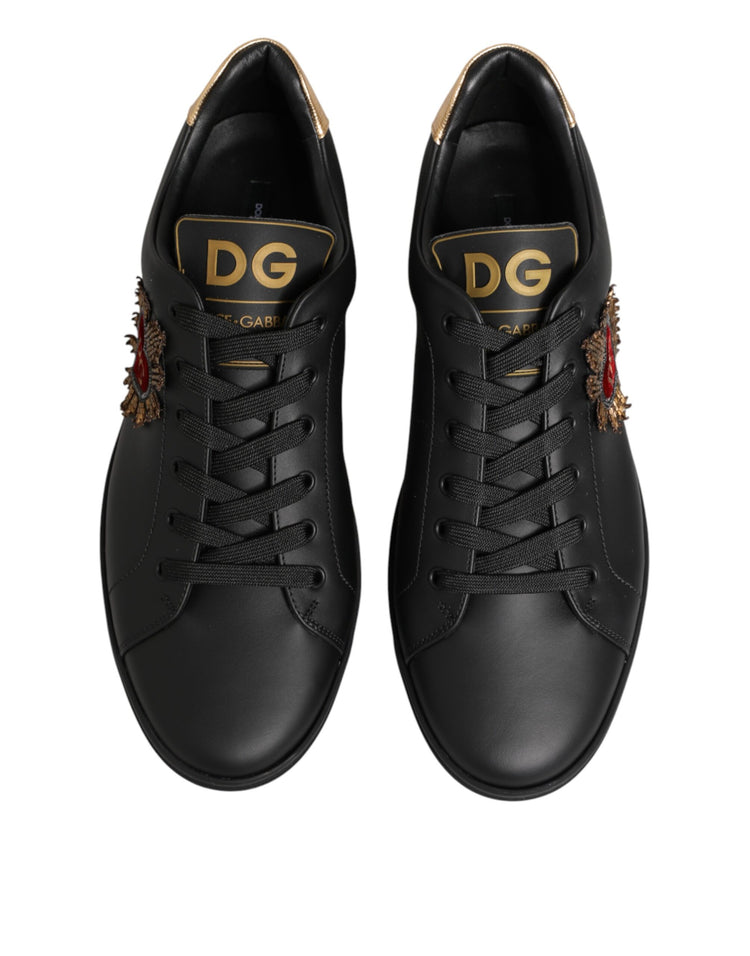 Black Leather Heart Embellished Sneakers Shoes