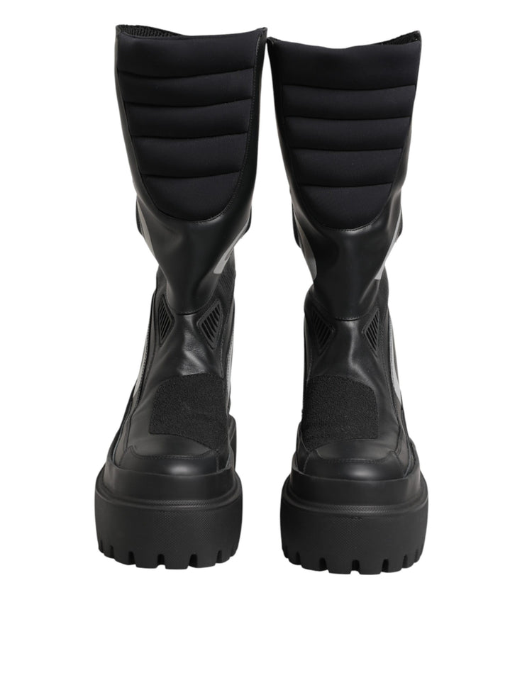 Black Leather Mid Calf Biker Boots Shoes