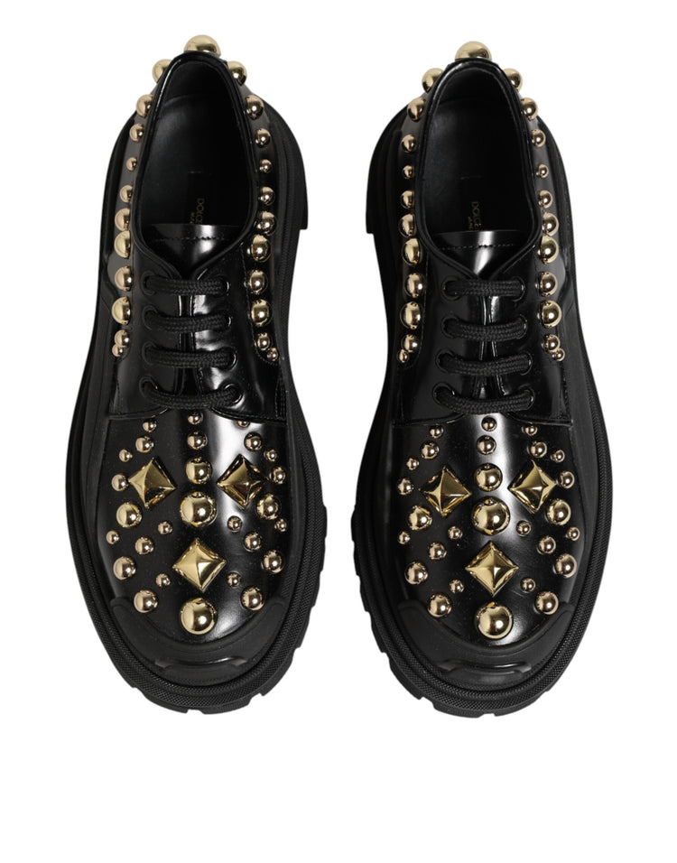 Black Leather Jeweled Crystals Derby Shoes
