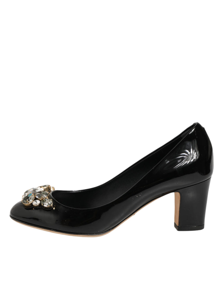 Black Leather Crystals Heels Pumps Shoes