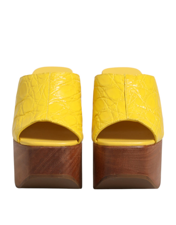 Yellow Leather Wood Mule Wedge Slides Shoes