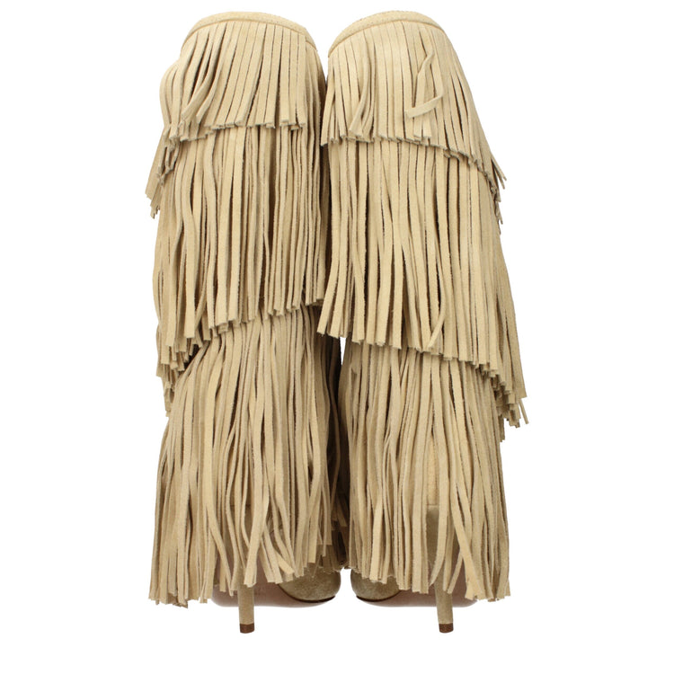 Beige Leather Flat Boots