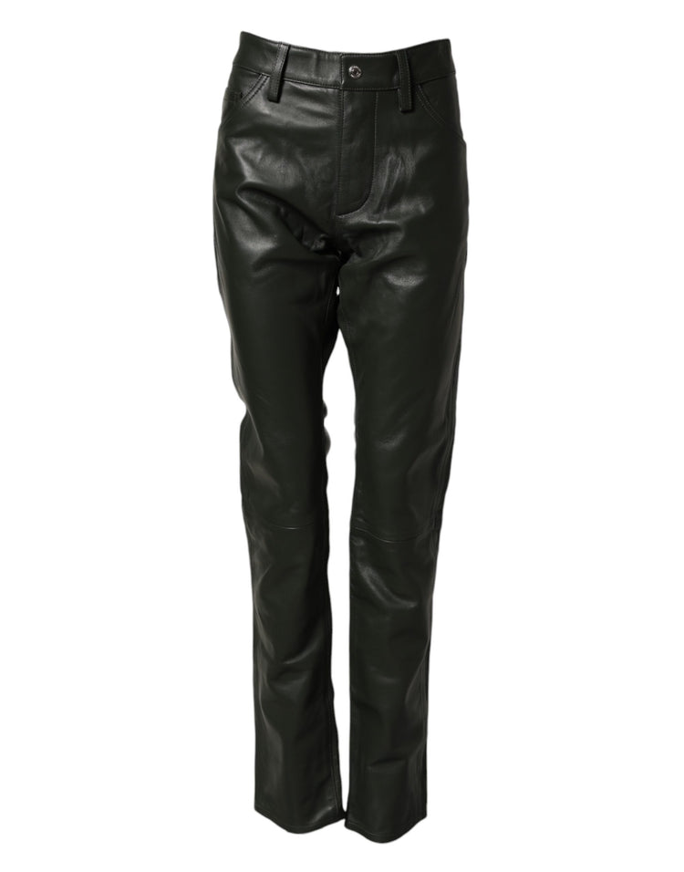 Black Full Grain Leather Mid Waist Trouser Pants