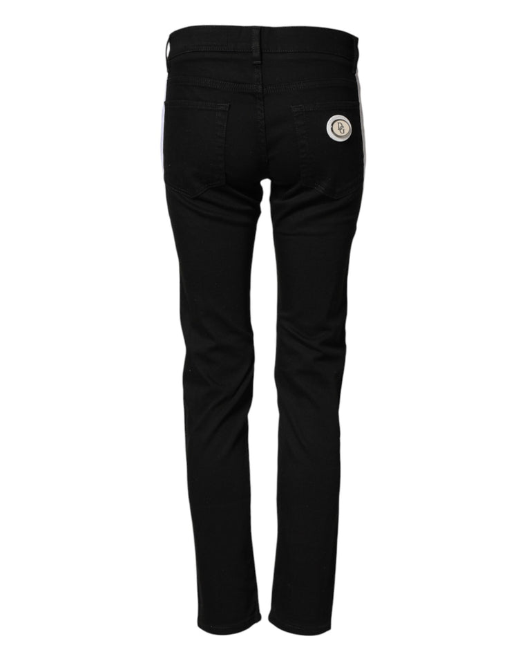 Black Cotton MidWaist Skinny Denim Logo Jeans