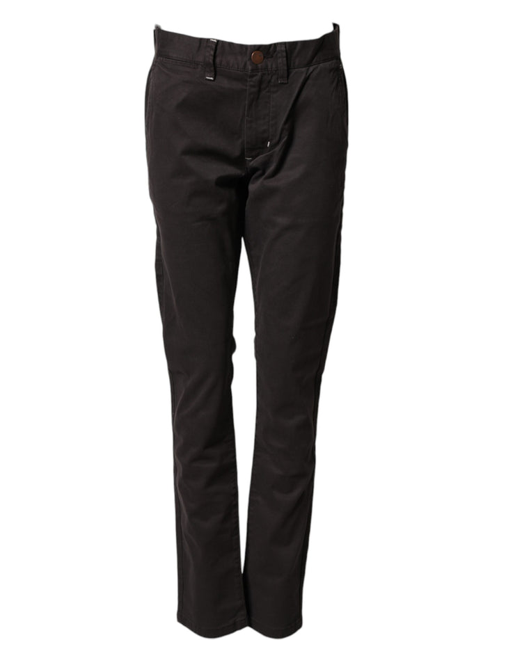 Dark Brown Cotton Stretch Straight Mid Waist Trouser Pants