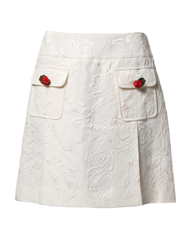 White Floral Brocade High Waist Mini Skirt