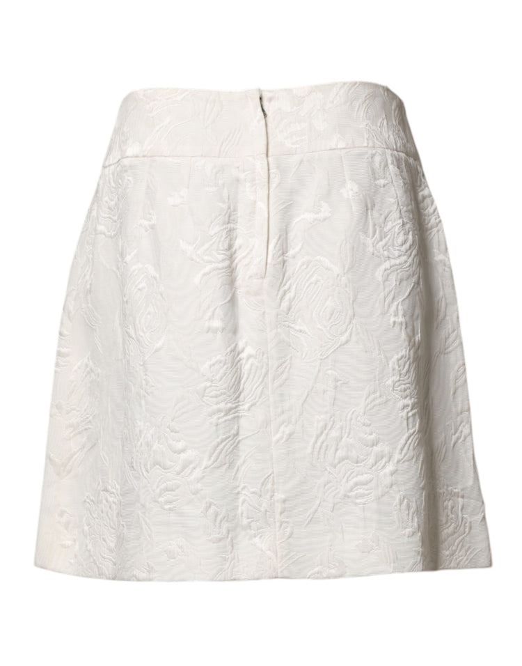 White Floral Brocade High Waist Mini Skirt