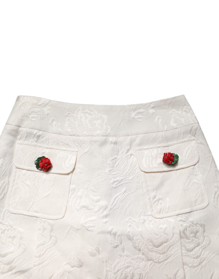 White Floral Brocade High Waist Mini Skirt