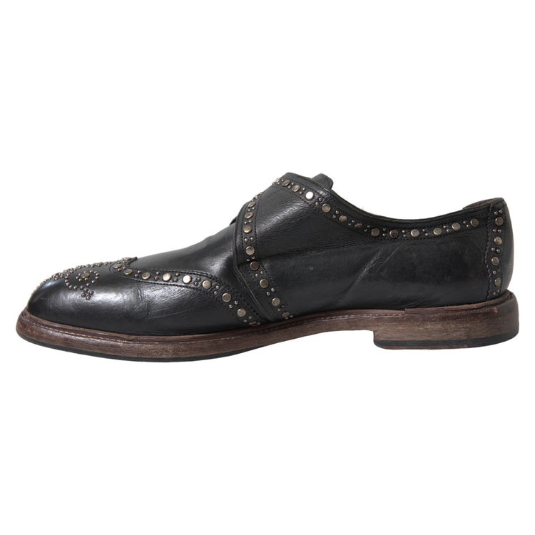 Black Leather Monk Strap Studded Dress Shoes