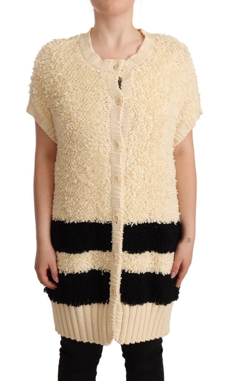 Beige Black Short Sleeve Button Cardigan Sweater
