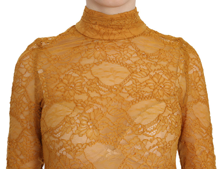 Mustard Turtle Neck Long Sleeve Lace Top Blouse
