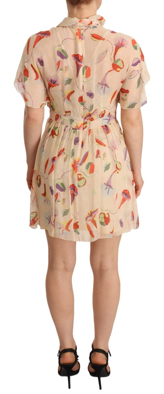 Beige Ascot Collar Short Sleeves Aline Mini Dress