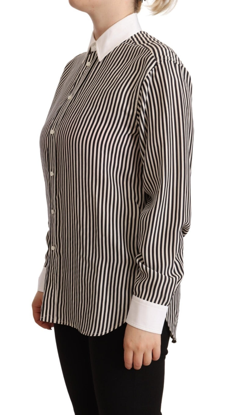 Black White Striped Long Sleeves Collared Top
